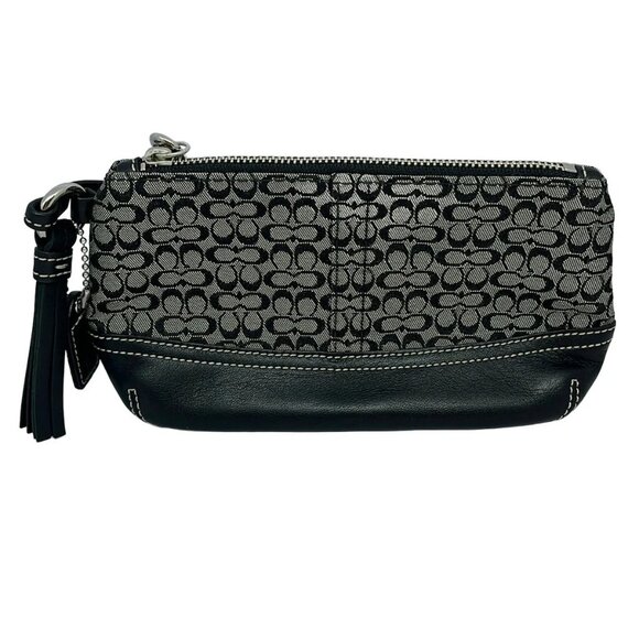 Auth COACH Mini Signature - Gray Black Jacquard Leather Pouch - Picture 1 of 5